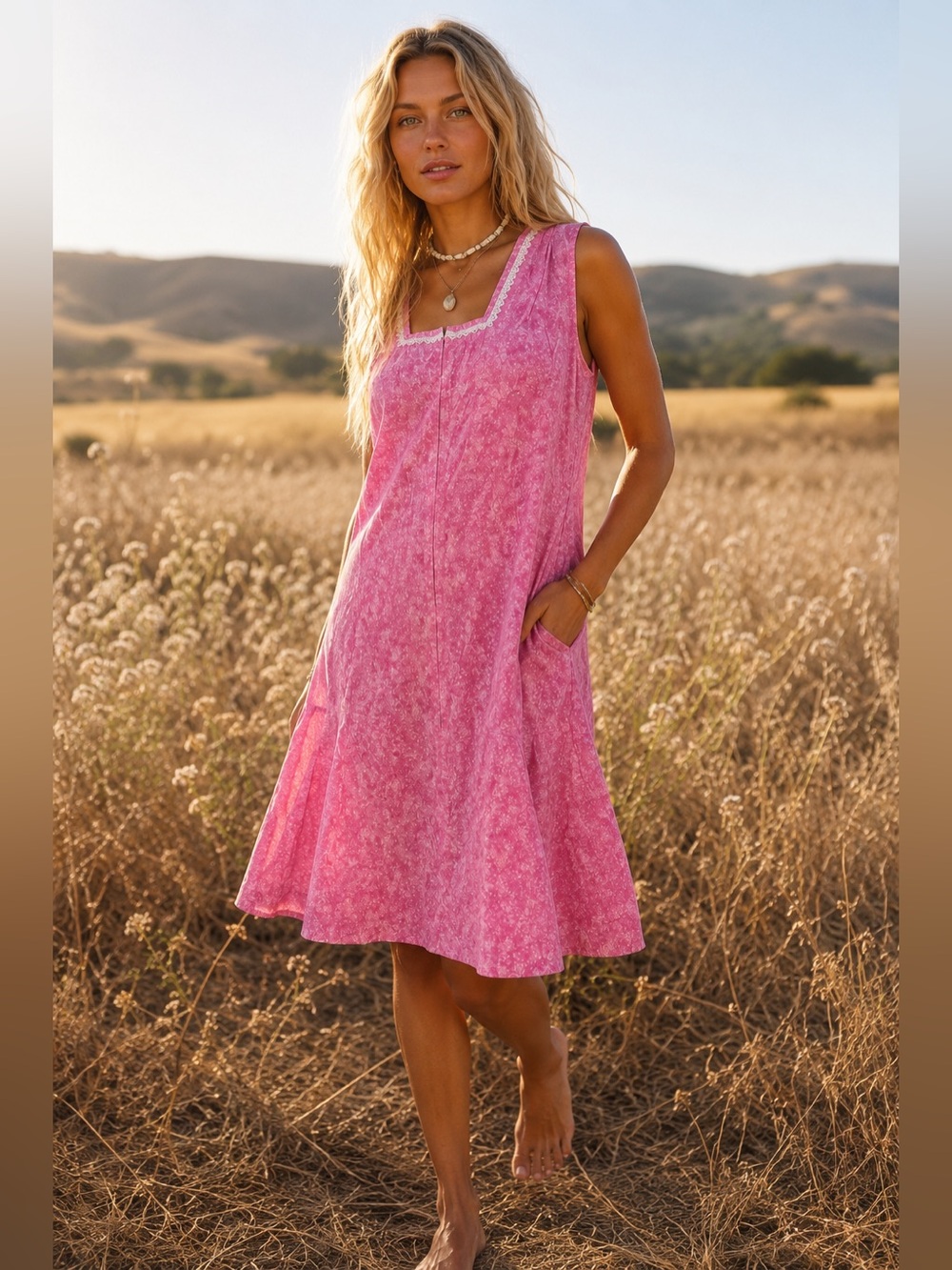 Vintage Handmade Pink Floral Mid-Century Mod Shift Dress Lace Sleeveless Pockets
